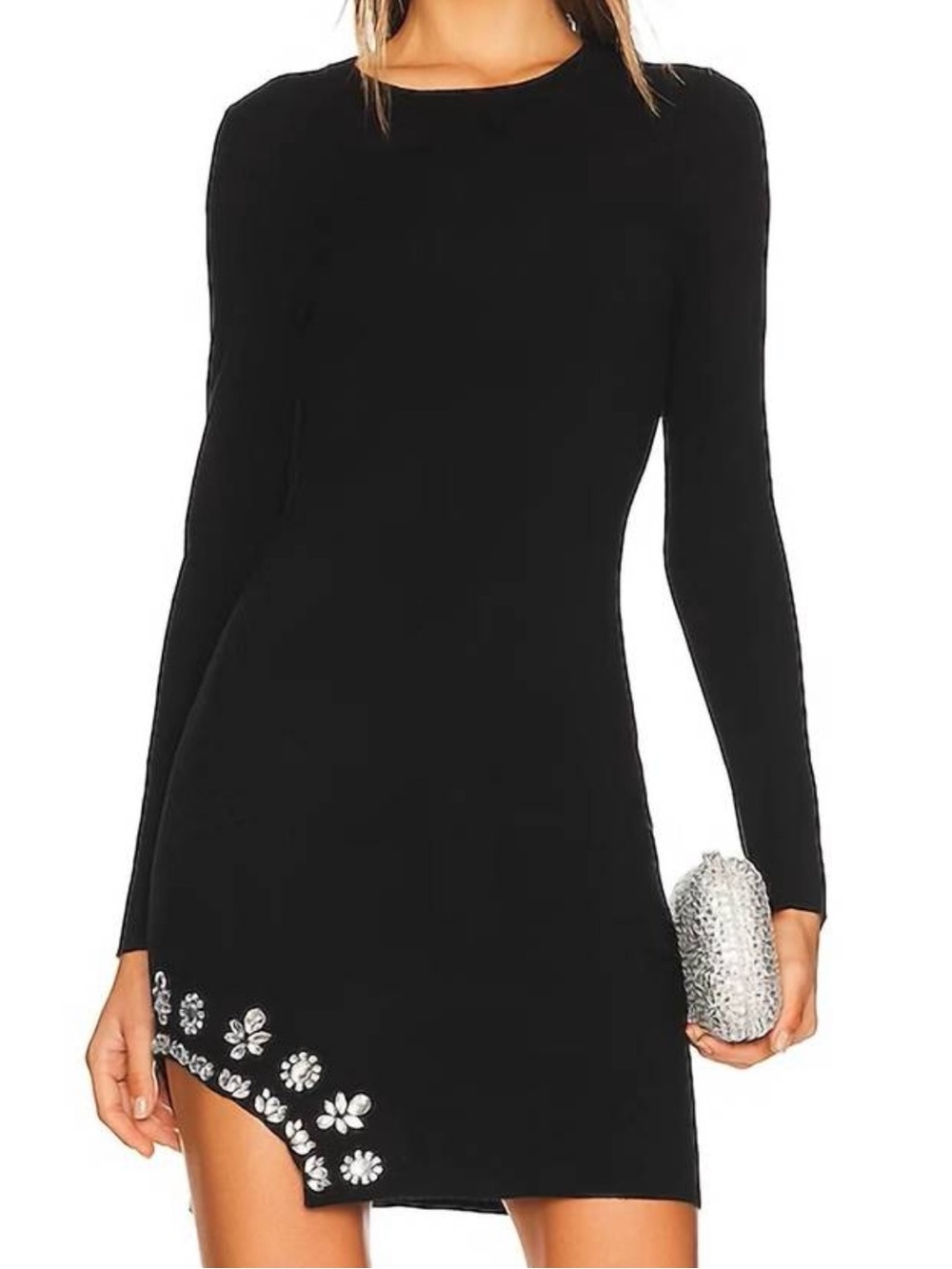 SAYLOR Black Long-Sleeve Mini Dress with Crystal Floral Hem